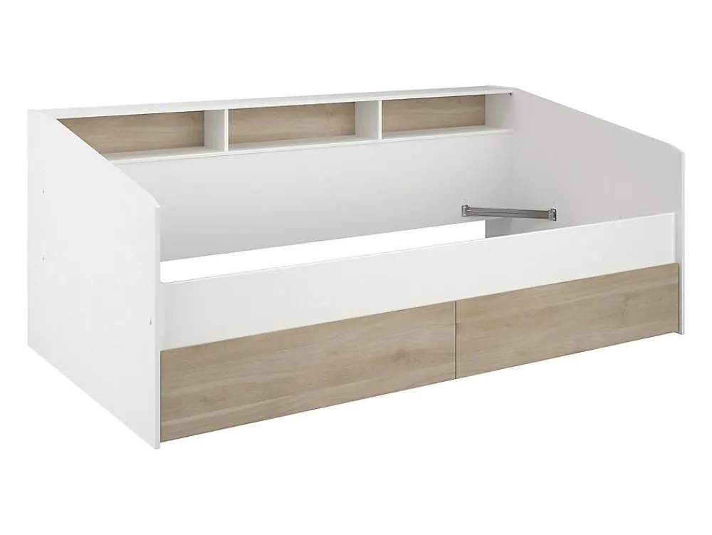 Lit 90 x 190/200 cm avec rangements - Blanc et naturel + Sommier - PAULETTE>Vente-unique Best