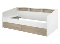 Lit 90 x 190/200 cm avec rangements - Blanc et naturel + Sommier - PAULETTE><noscript><img width=