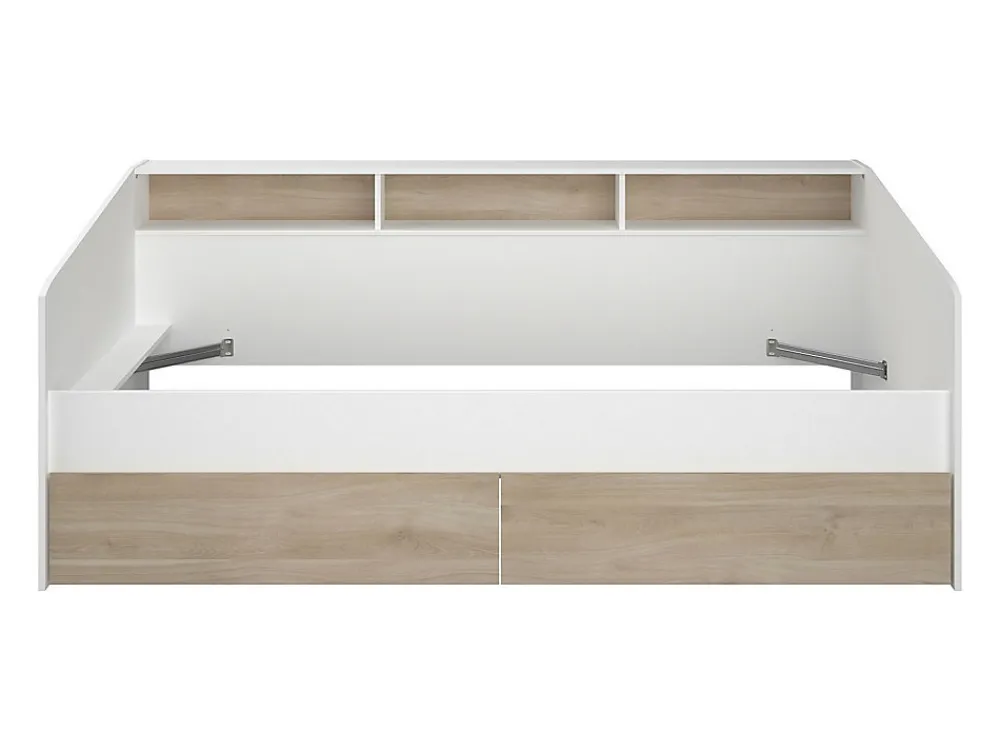 Lit 90 x 190/200 cm avec rangements - Blanc et naturel + Sommier - PAULETTE>Vente-unique Best
