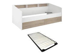 Lit 90 x 190/200 cm avec rangements - Blanc et naturel + Sommier - PAULETTE><noscript><img width=