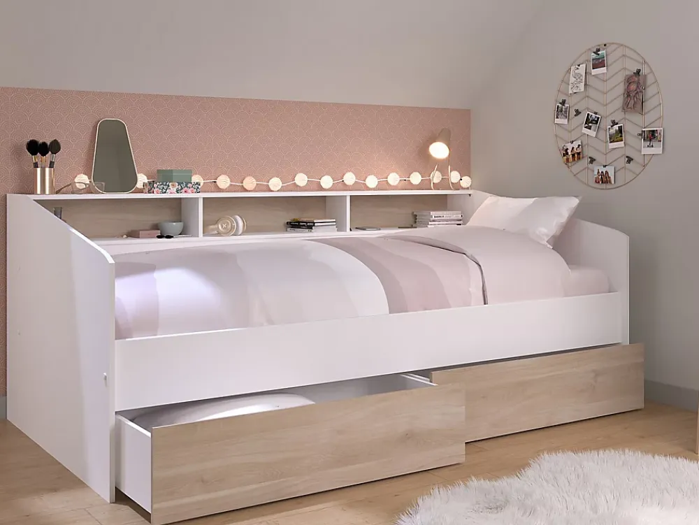 Vente-unique Lit 90 x 190/200 cm avec rangements - Blanc et naturel + Sommier + Matelas - PAULETTE* Lit Avec Rangement