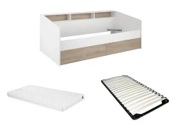 Vente-unique Lit 90 x 190/200 cm avec rangements - Blanc et naturel + Sommier + Matelas - PAULETTE* Lit Avec Rangement