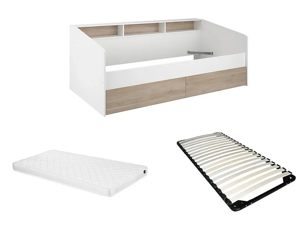 Vente-unique Lit 90 x 190/200 cm avec rangements - Blanc et naturel + Sommier + Matelas - PAULETTE* Lit Avec Rangement