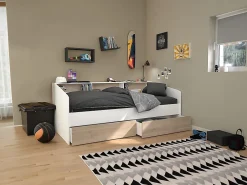 Vente-unique Lit 90 x 190/200 cm avec rangements - Blanc et naturel + Sommier + Matelas - PAULETTE* Lit Avec Rangement