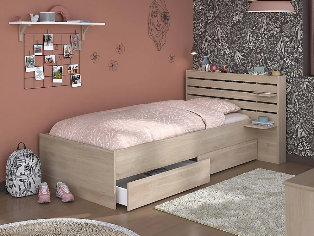 Lit 90 x 190/200 cm avec rangements - Coloris : Naturel - TENALIA>Vente-unique Best