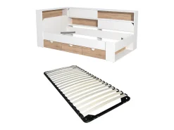Lit 90 x 190 cm avec rangements - Coloris : Blanc et naturel + Sommier - TAMADU>Vente-unique Sale