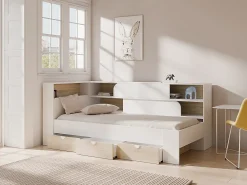 Lit 90 x 190 cm avec rangements - Coloris : Blanc et naturel + Sommier - TAMADU>Vente-unique Sale