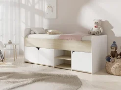 Vente-unique Lit 90 x 190 cm avec rangements - Coloris : Naturel et blanc - LOSTYA* Lit Avec Rangement