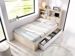 Vente-unique Lit 120 x 190 cm avec rangements - Coloris : Naturel et blanc - VARDIEL* Lit Avec Rangement
