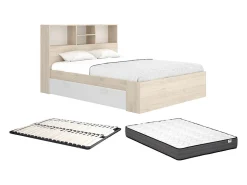 Lit 140 x 190 cm avec rangements - Coloris : Naturel et blanc + Sommier + Matelas - VARDIEL>Vente-unique Hot