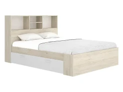 Lit 140 x 190 cm avec rangements - Coloris : Naturel et blanc + Sommier + Matelas - VARDIEL><noscript><img width=
