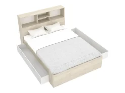 Lit 140 x 190 cm avec rangements - Coloris : Naturel et blanc + Sommier + Matelas - VARDIEL><noscript><img width=