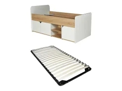 Lit 90 x 190 cm avec rangements - Coloris : Naturel et blanc + Sommier - LOSTYA>Vente-unique Outlet