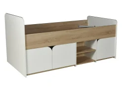 Lit 90 x 190 cm avec rangements - Coloris : Naturel et blanc + Sommier - LOSTYA>Vente-unique Outlet