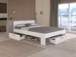 Lit 140 x 190/200 cm avec rangements - Blanc et naturel + Sommier - KINSELIA><noscript><img width=