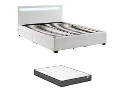 Lit 140 x 190 cm avec rangements - Simili blanc avec LEDs + Matelas - ALOIS II>Vente-unique