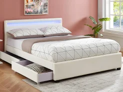 Lit 140 x 190 cm avec rangements - Simili blanc avec LEDs + Matelas - ALOIS II>Vente-unique