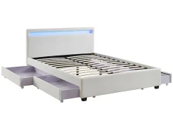 Lit 140 x 190 cm avec rangements - Simili blanc avec LEDs + Matelas - ALOIS II><noscript><img width=