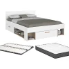 Lit 140 x 190/200 cm avec rangements - Blanc et naturel + Sommier + Matelas - KINSELIA>Vente-unique Outlet