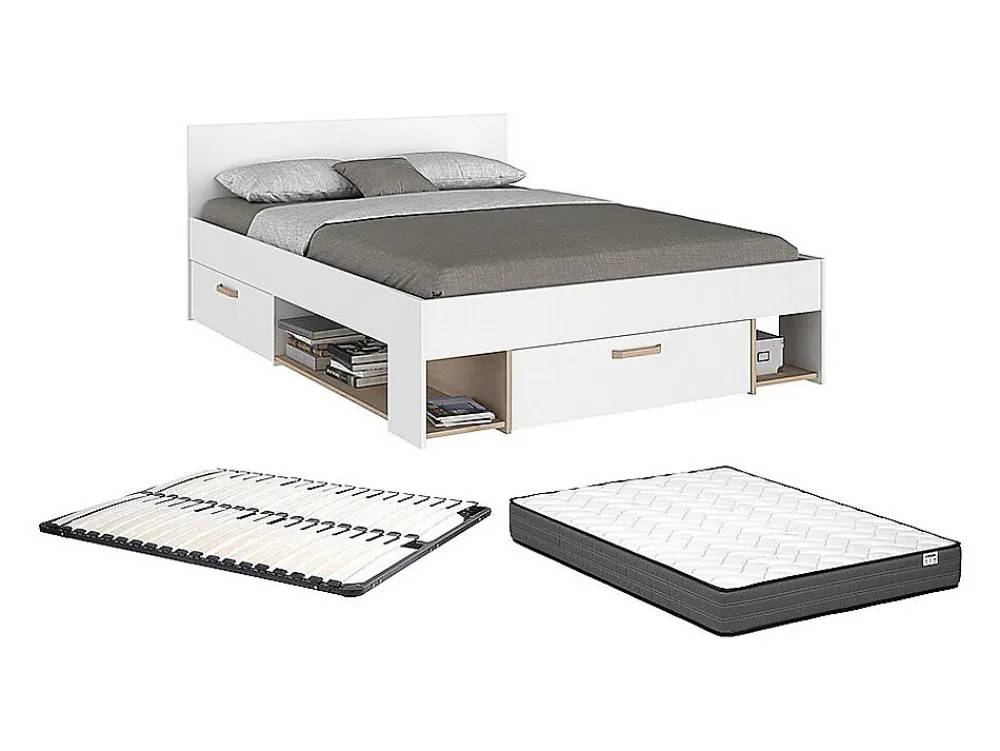 Lit 140 x 190/200 cm avec rangements - Blanc et naturel + Sommier + Matelas - KINSELIA>Vente-unique Outlet