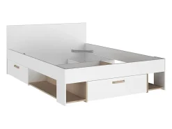 Lit 140 x 190/200 cm avec rangements - Blanc et naturel + Sommier + Matelas - KINSELIA>Vente-unique Outlet