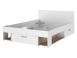 Lit 140 x 190/200 cm avec rangements - Blanc et naturel + Sommier + Matelas - KINSELIA><noscript><img width=