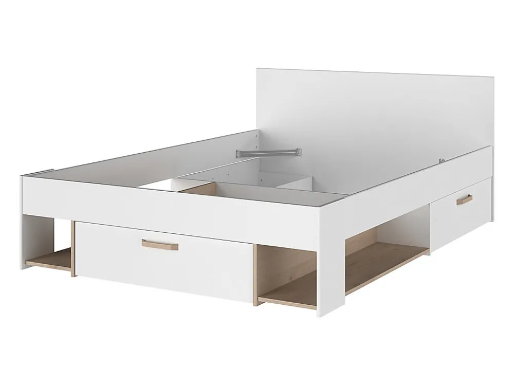 Lit 140 x 190/200 cm avec rangements - Blanc et naturel + Sommier + Matelas - KINSELIA>Vente-unique Outlet