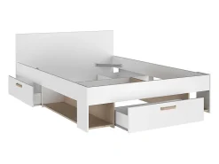 Lit 140 x 190/200 cm avec rangements - Blanc et naturel + Sommier + Matelas - KINSELIA><noscript><img width=