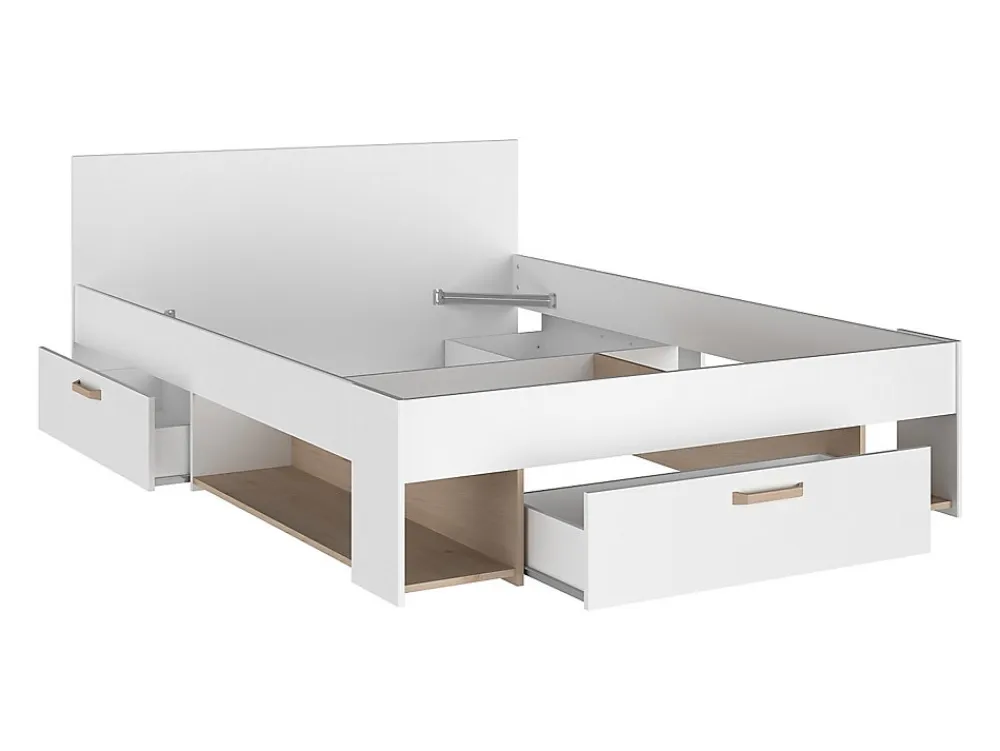 Lit 140 x 190/200 cm avec rangements - Blanc et naturel + Sommier + Matelas - KINSELIA>Vente-unique Outlet