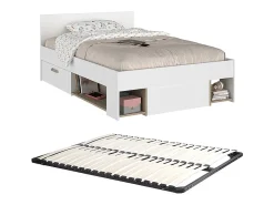 Lit 120 x 190/200 cm avec rangements - Blanc et naturel + Sommier - KINSELIA>Vente-unique New