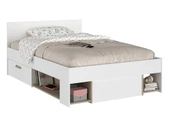 Lit 120 x 190/200 cm avec rangements - Blanc et naturel + Sommier - KINSELIA>Vente-unique New
