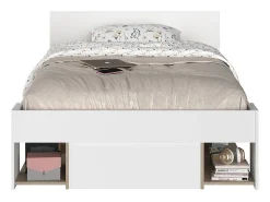 Lit 120 x 190/200 cm avec rangements - Blanc et naturel + Sommier - KINSELIA><noscript><img width=