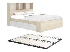 Vente-unique Lit 140 x 190 cm avec rangements - Coloris : Naturel et blanc + Sommier - VARDIEL* Lit Avec Rangement