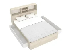 Vente-unique Lit 140 x 190 cm avec rangements - Coloris : Naturel et blanc + Sommier - VARDIEL* Lit Avec Rangement