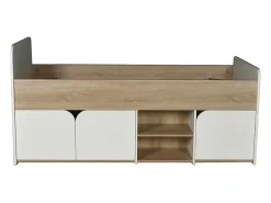 Vente-unique Lit 90 x 190 cm avec rangements - Coloris : Naturel et blanc + Sommier + Matelas - LOSTYA* Lit Avec Rangement