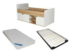 Vente-unique Lit 90 x 190 cm avec rangements - Coloris : Naturel et blanc + Sommier + Matelas - LOSTYA* Lit Avec Rangement