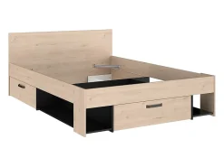Vente-unique Lit 140 x 190/200 cm avec rangements - Coloris : Naturel et noir + Sommier - KINSELIA* Lit Avec Rangement