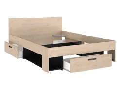 Vente-unique Lit 140 x 190/200 cm avec rangements - Coloris : Naturel et noir + Sommier - KINSELIA* Lit Avec Rangement
