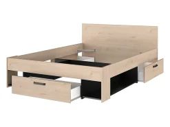 Vente-unique Lit 140 x 190/200 cm avec rangements - Coloris : Naturel et noir + Sommier - KINSELIA* Lit Avec Rangement