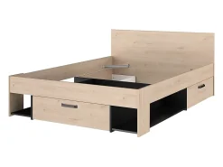 Vente-unique Lit 140 x 190/200 cm avec rangements - Coloris : Naturel et noir + Sommier - KINSELIA* Lit Avec Rangement