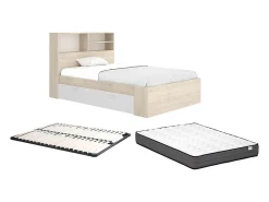 Lit 120 x 190 cm avec rangements - Coloris : Naturel et blanc + Sommier + Matelas - VARDIEL>Vente-unique Outlet