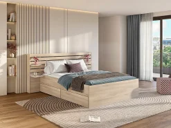 Vente-unique Lit 140 x 190/200 cm avec rangements - Coloris : Naturel + Sommier + Matelas - TENALIA II* Lit Avec Rangement