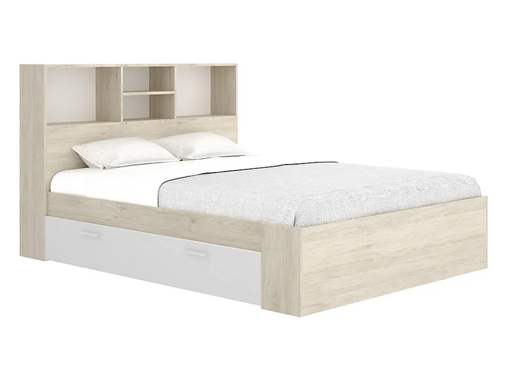 Lit 140 x 190 cm avec rangements - Coloris : Naturel et blanc - VARDIEL>Vente-unique Best