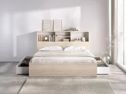Lit 140 x 190 cm avec rangements - Coloris : Naturel et blanc - VARDIEL><noscript><img width=
