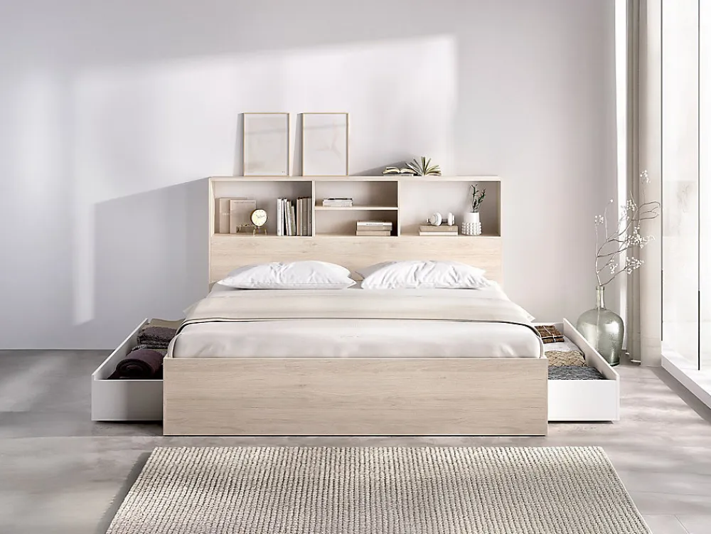 Lit 140 x 190 cm avec rangements - Coloris : Naturel et blanc - VARDIEL>Vente-unique Best
