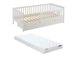 Lit 90 x 190 cm avec tiroir - Pin et MDF - Blanc + Matelas - PROVIATI>Vente-unique Hot