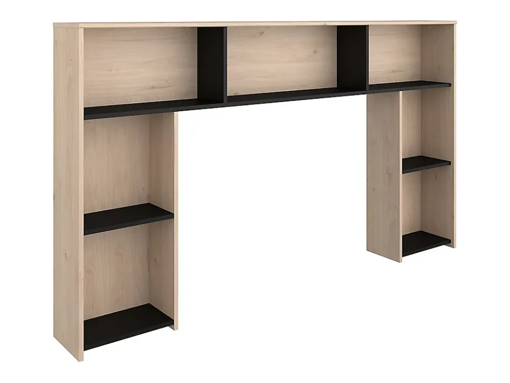 Vente-unique Lit 140 x 190/200 cm avec tête de lit et rangements - Coloris : Naturel et noir + Sommier + Matelas - KINSELIA* Lit Avec Rangement