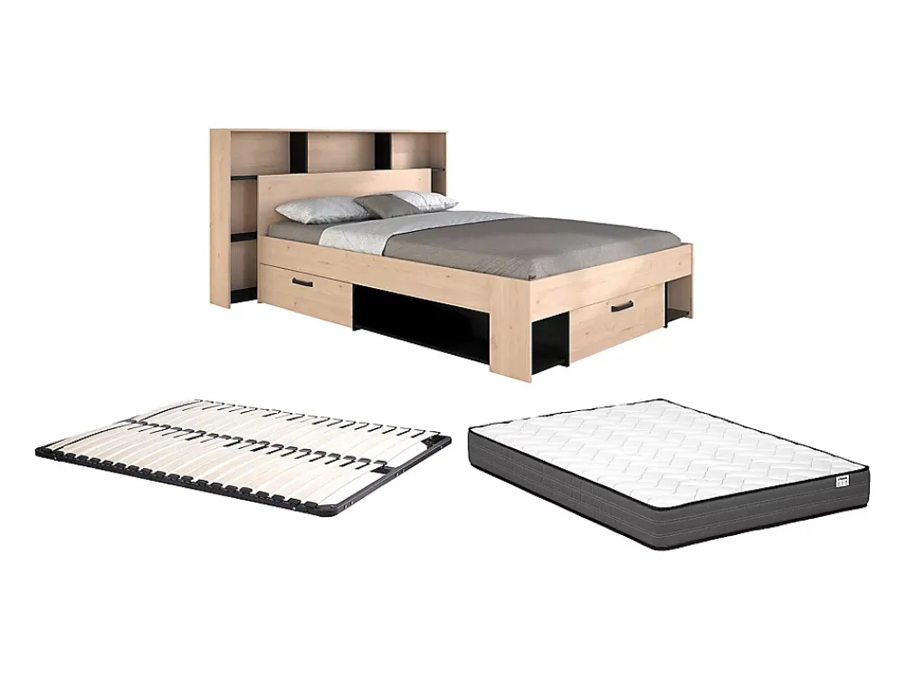 Vente-unique Lit 140 x 190/200 cm avec tête de lit et rangements - Coloris : Naturel et noir + Sommier + Matelas - KINSELIA* Lit Avec Rangement
