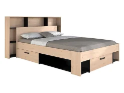 Lit 140 x 190/200 cm avec tête de lit et rangements - Coloris : Naturel et noir - KINSELIA>Vente-unique Outlet