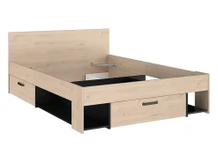 Lit 140 x 190/200 cm avec tête de lit et rangements - Coloris : Naturel et noir - KINSELIA>Vente-unique Outlet